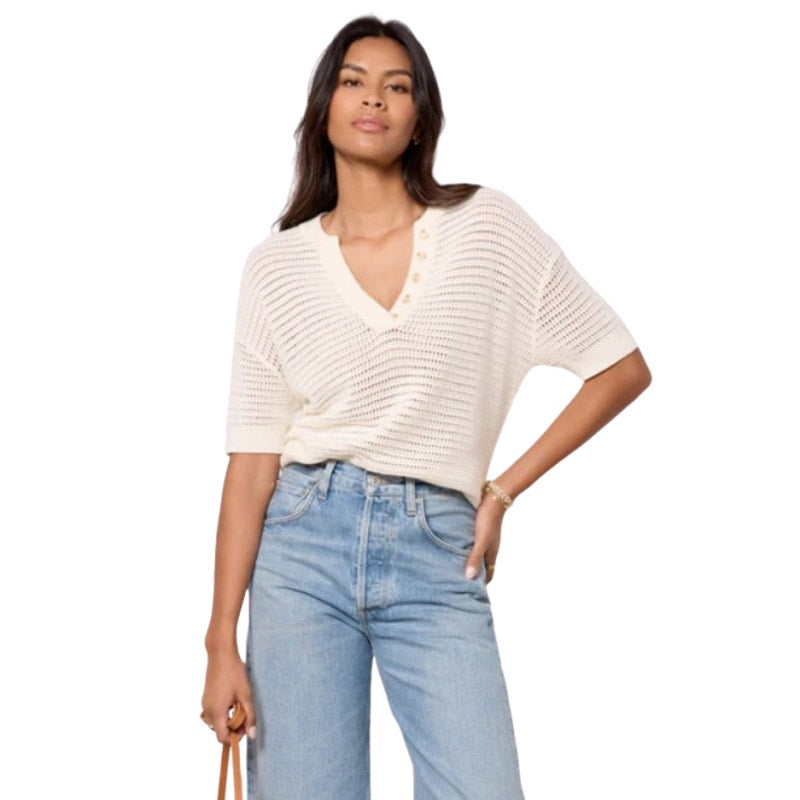 VARLEY Women's Callie Mesh Knit Top Large Beige Egret Short Sleeve NWT