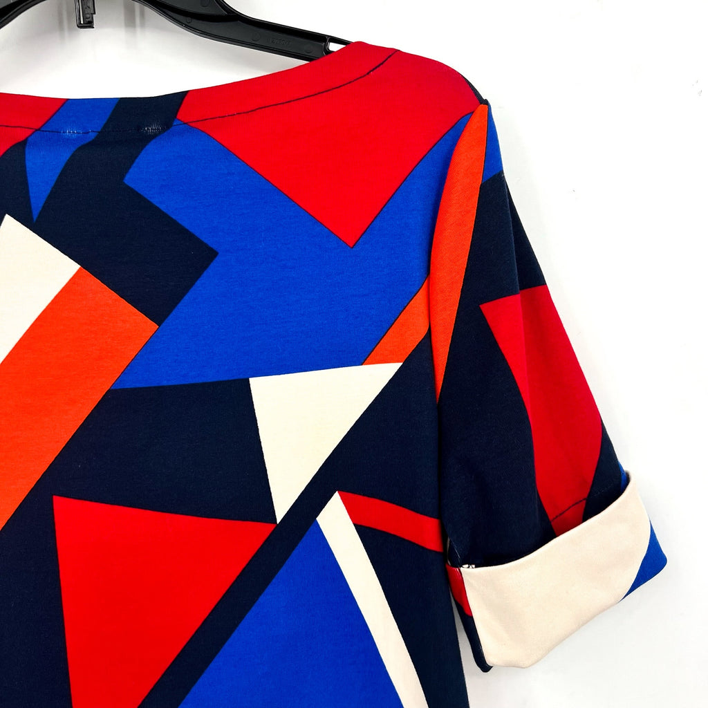 LAUREN RALPH LAUREN Judy Top Large Blue Red Geometric Mid-Sleeve NWT