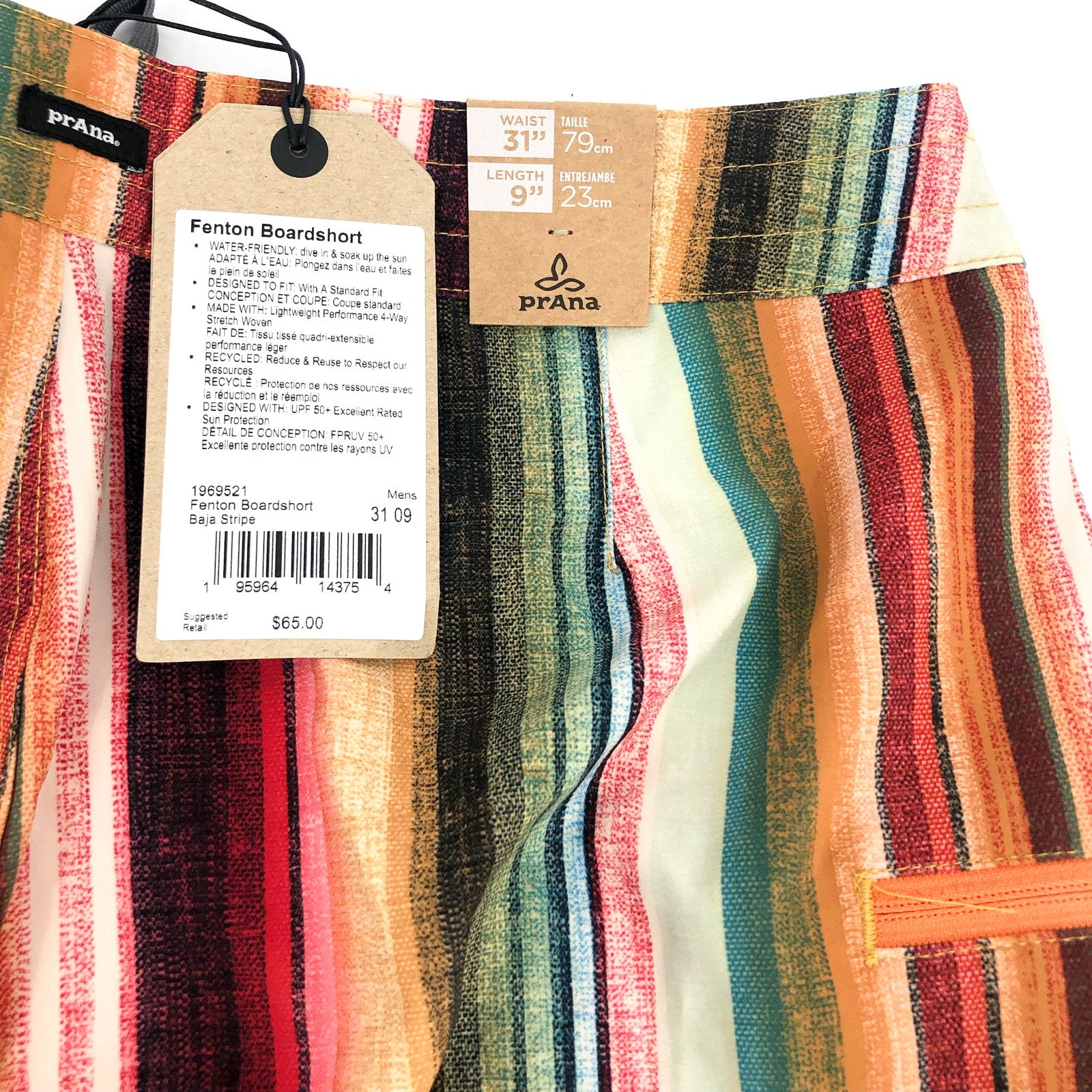 PRANA Mens Fenton Board Shorts Size 31 Small Baja Stripe 9" Inseam UPF 50+ NWT