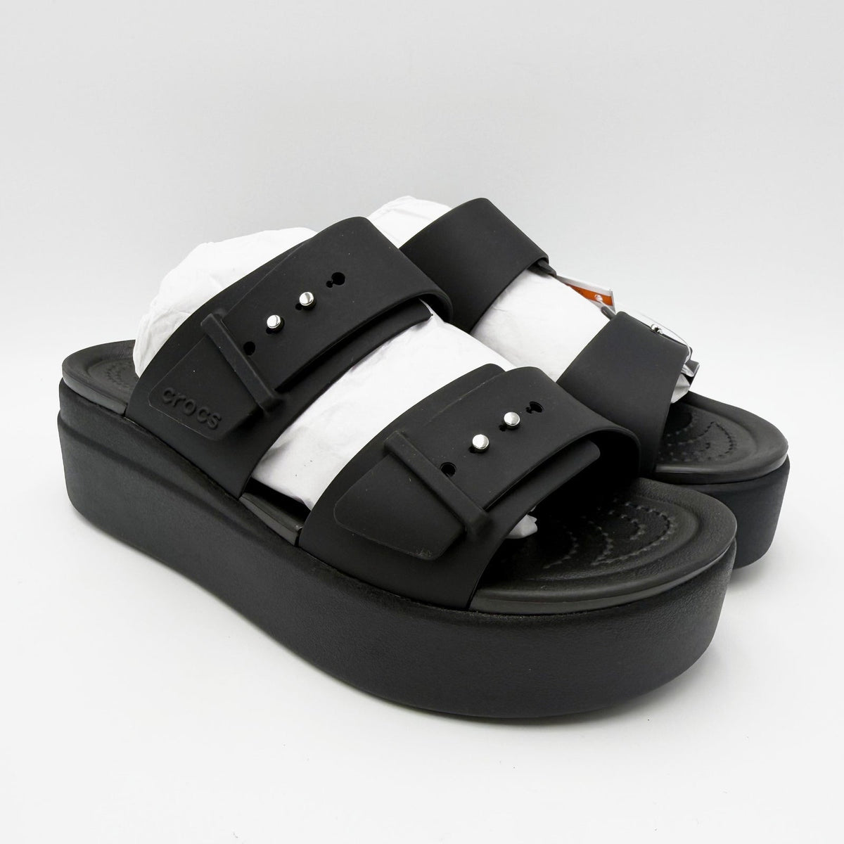 Crocs Womens Brooklyn Buckle Low Wedge Sandals Size 7 EU 37-38 Black NWT
