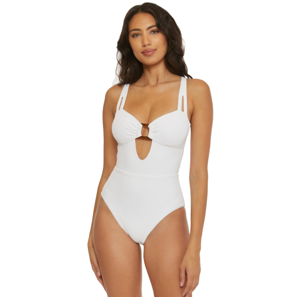 BECCA Women's Modern Edge One Piece Swimsuit Small White Ribbed Buckle NWT