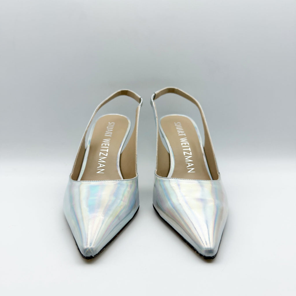 Stuart Weitzman Womens Xcurve 85 Slingback Heels US 6.5 Silver Sling Back NWOB