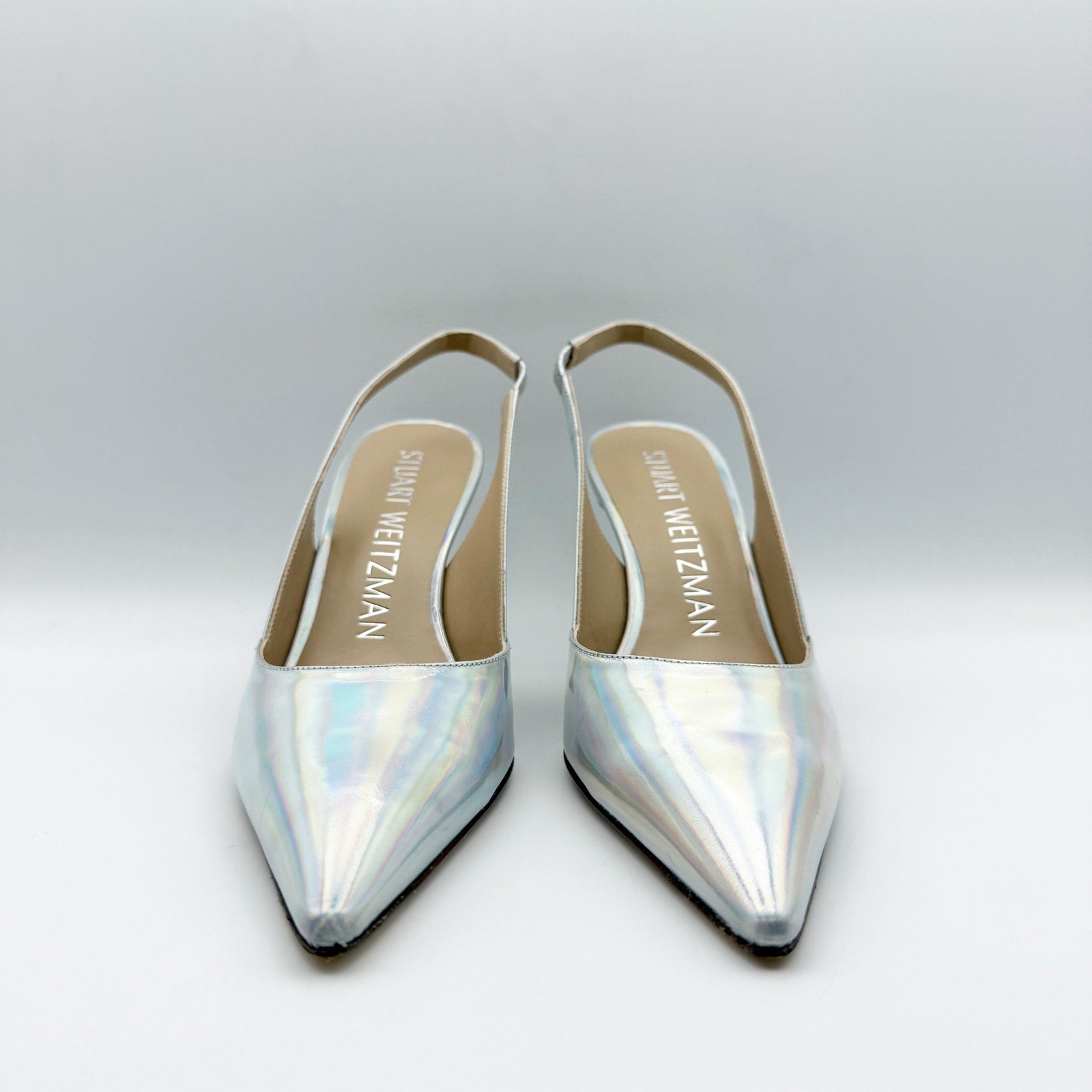 Stuart Weitzman Womens Xcurve 85 Slingback Heels US 6.5 Silver Sling Back NWOB