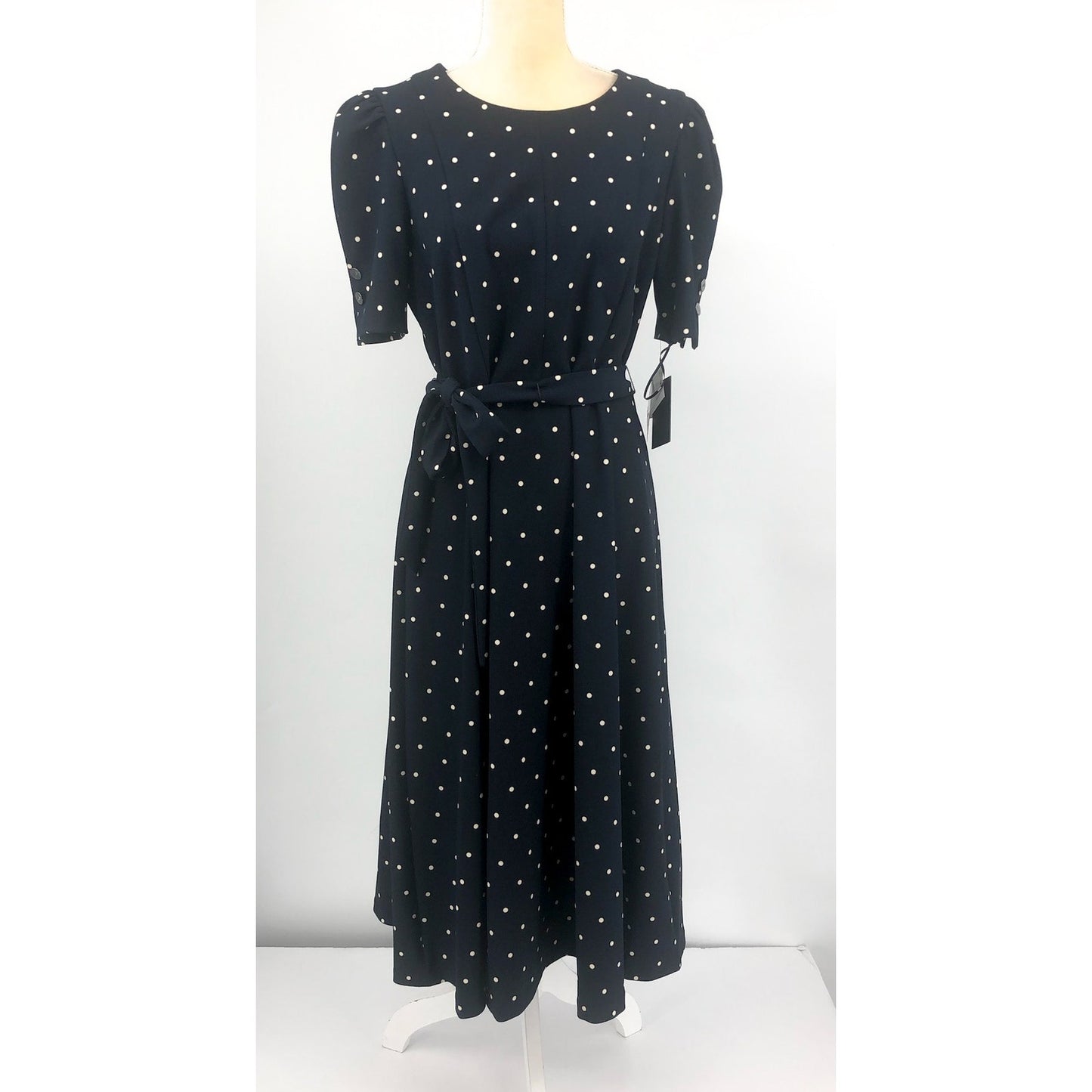 DKNY Women's Polka-Dot Puff-Sleeve Midi Dress Size 12 Navy Waist Tie Belt NWT