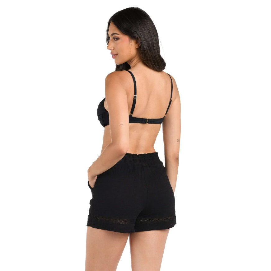 LA BLANCA Womens Seaside Coverup Beach Shorts Large Black Gauze Drawstring NWT