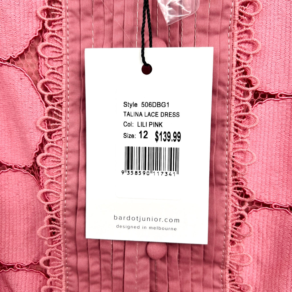 BARDOT JUNIOR Girl's Talina Lace Trim Dress Size 12 Lili Pink Long Sleeves NWT