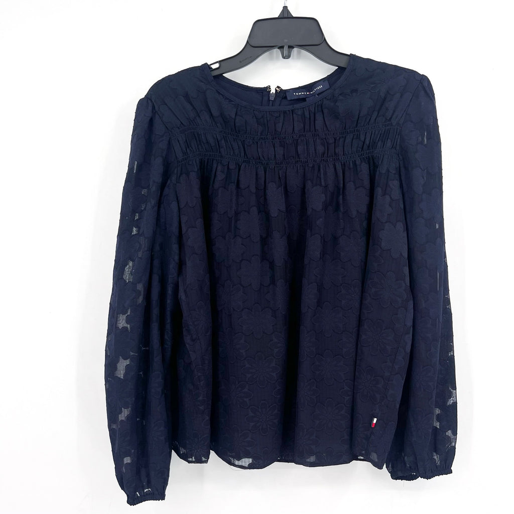 TOMMY HILFIGER Women's Popover Floral Blouse Medium Navy Blue Long Sleeve NWT