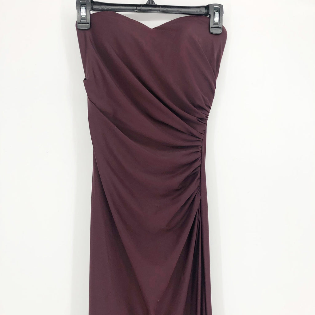 La Femme 29489 Ruched Long Gown Dress 00 Maroon Red Strapless High Slit NWOT