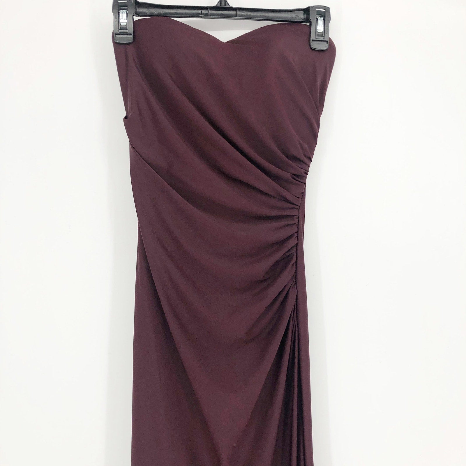 La Femme 29489 Ruched Long Gown Dress 00 Maroon Red Strapless High Slit NWOT