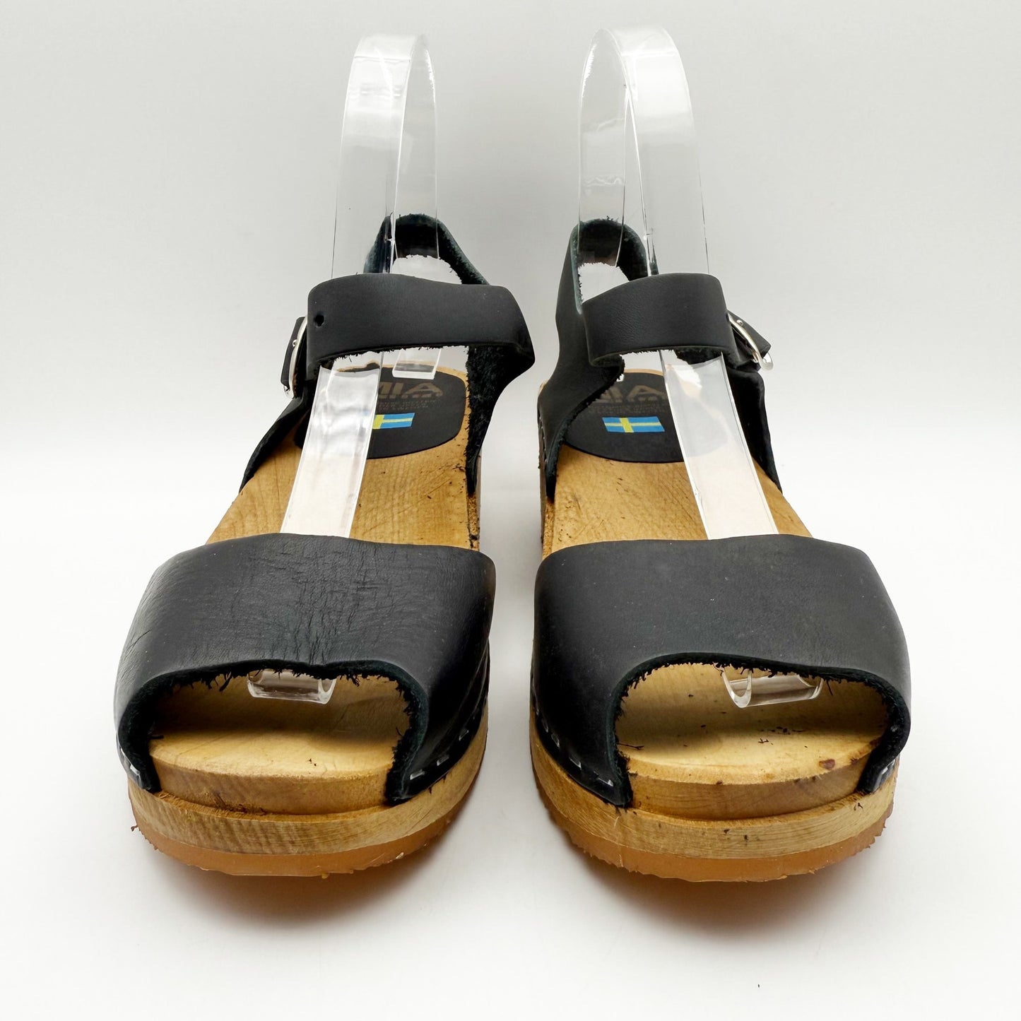 MIA Womens ANJA Clogs EU 37 US 6.5 Black Leather Wooden Heel Peep Toe NIB