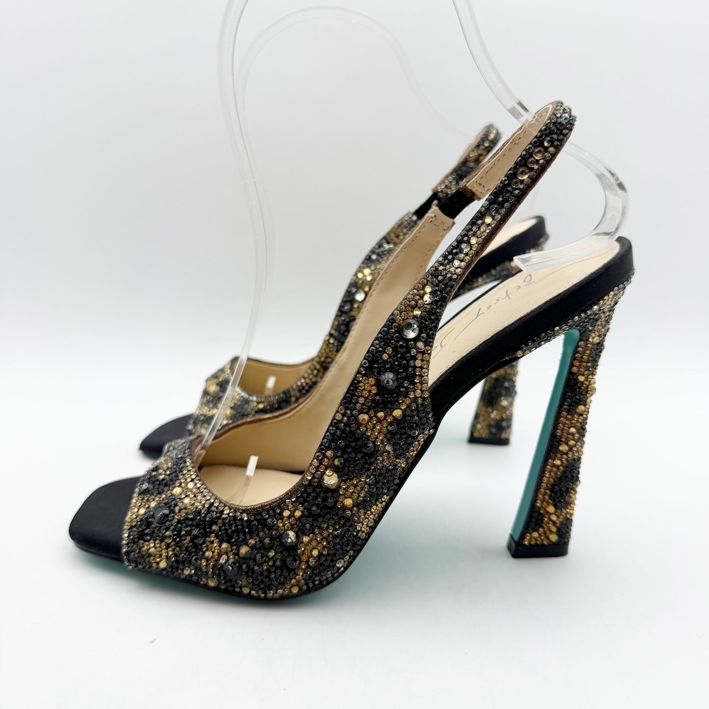 Betsey Johnson Womens Mina Heeled Sandals US 6 M Black Gold Rhinestone NWOB