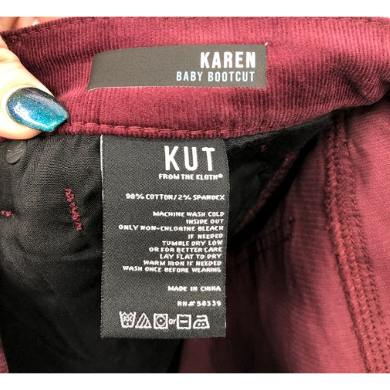 KUT FROM THE KLOTH Women's Karen Baby Boot Jeans Size 12 Red Wine Corduroy NWT