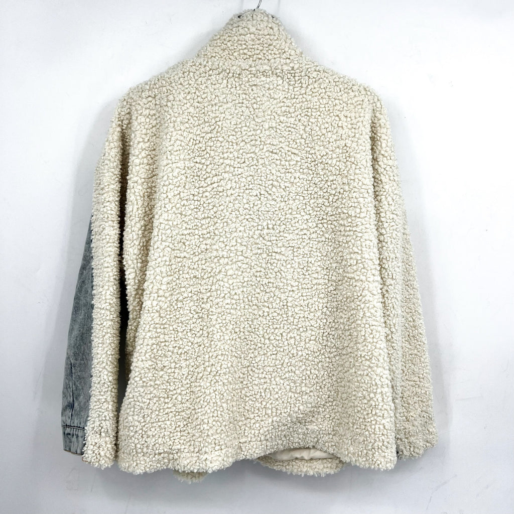 BLANKNYC Womens Denim & Faux Shearling Trucker Jacket XS Cream Blue Bear Hug NWT