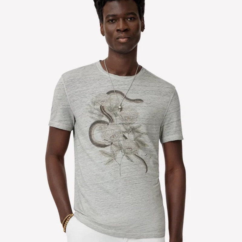 JOHN VARVATOS Men's Snake Floral Crew Tee XXL Pearl Grey Linen Short Sleeve NWT