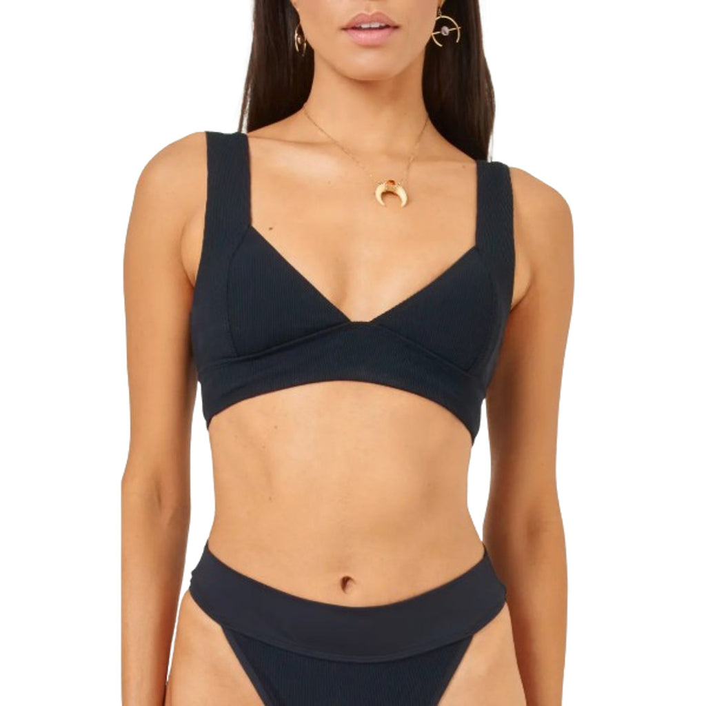 L*SPACE Women's Hailey Rib Bikini Top Medium Black Sweetheart Neck NWT