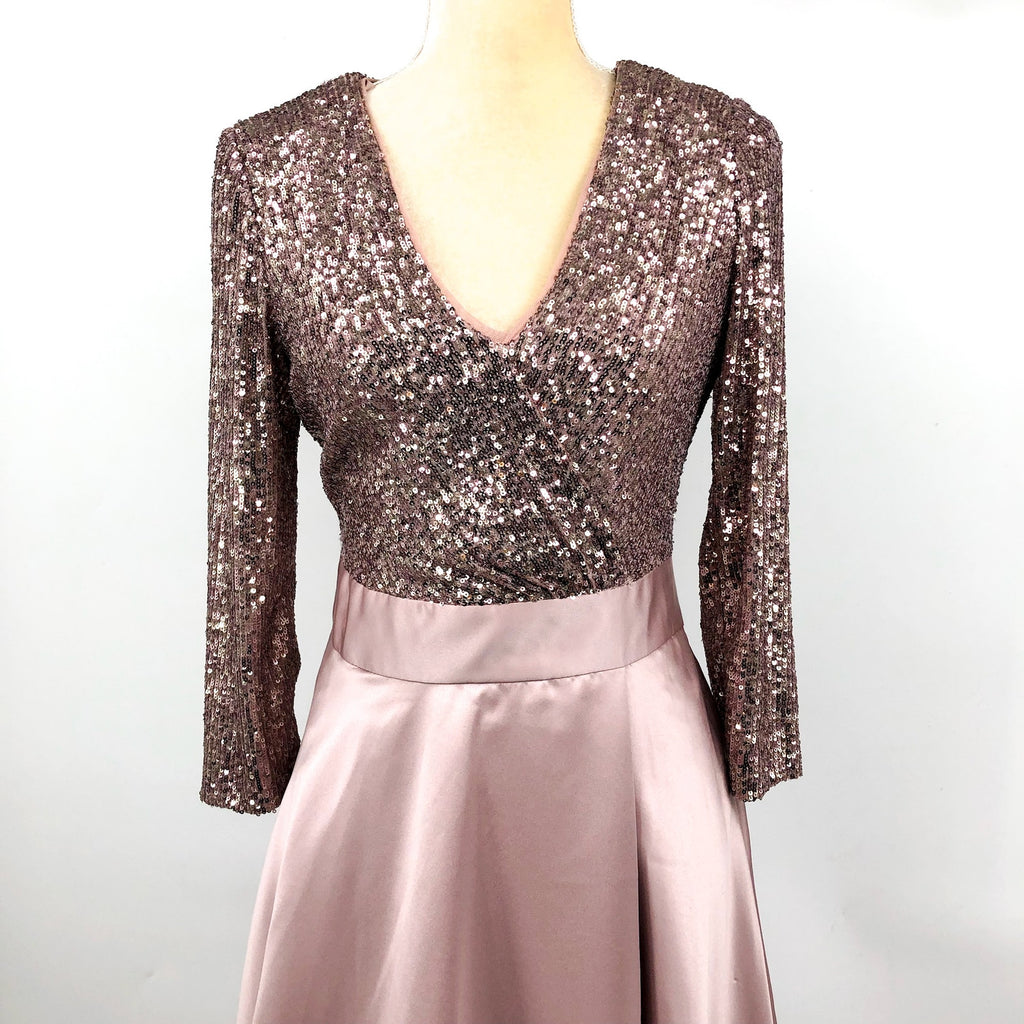 XSCAPE Women's Sequin & Satin A-Line Gown Size 10 Rose Pink Elbow Sleeve NWOT