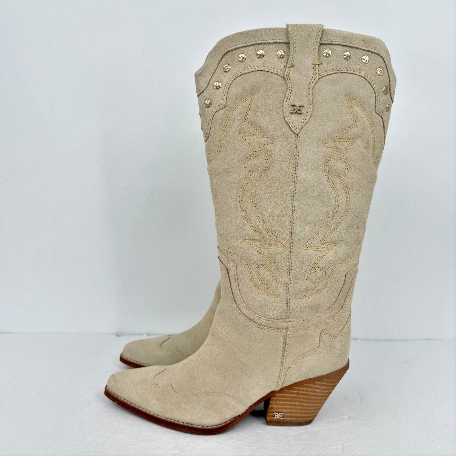 Sam Edelman Womens James Cowboy Boots US 8 M Wide Calf White Ivory Suede NIB