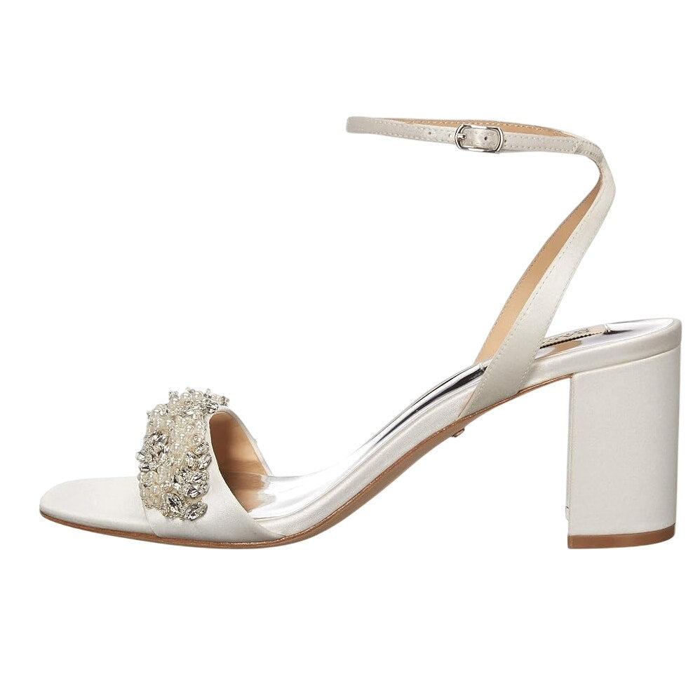 BADGLEY MISCHKA Clara Embellished Evening Sandals US 9.5 White Bridal Heel NIB