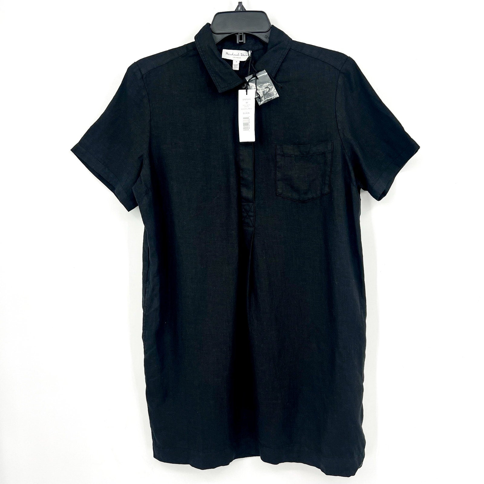 MICHAEL STARS Women's Ola Utility Dress Medium Black Short Sleeve Linen NWT