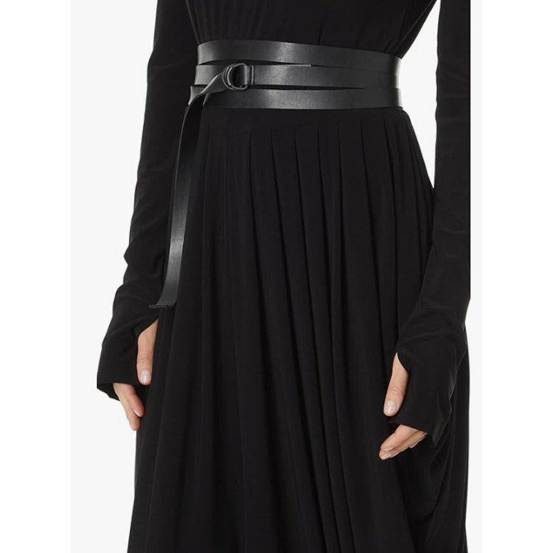 NORMA KAMALI Shoulder Pad Waterfall Dress XS/34 Black V Neck Stretch LS NWT