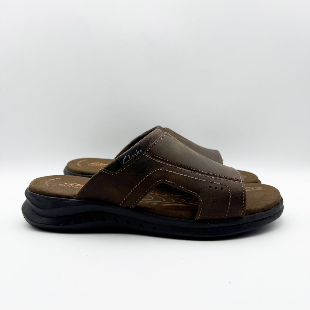 Clarks Mens Walkford Band Sandals US 7 Dark Brown Beeswax Leather Slip On NIB