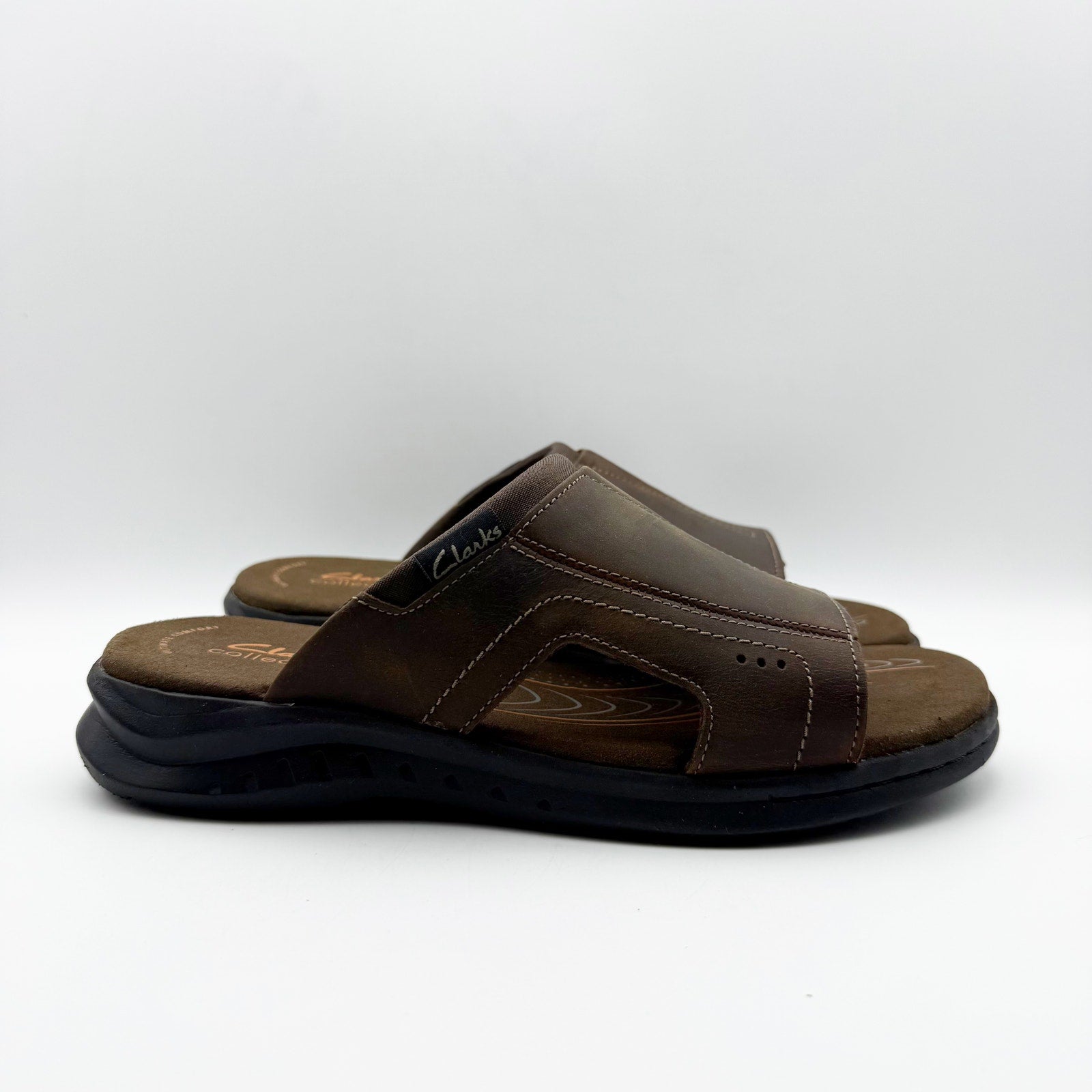 Clarks Mens Walkford Band Sandals US 7 Dark Brown Beeswax Leather Slip On NIB