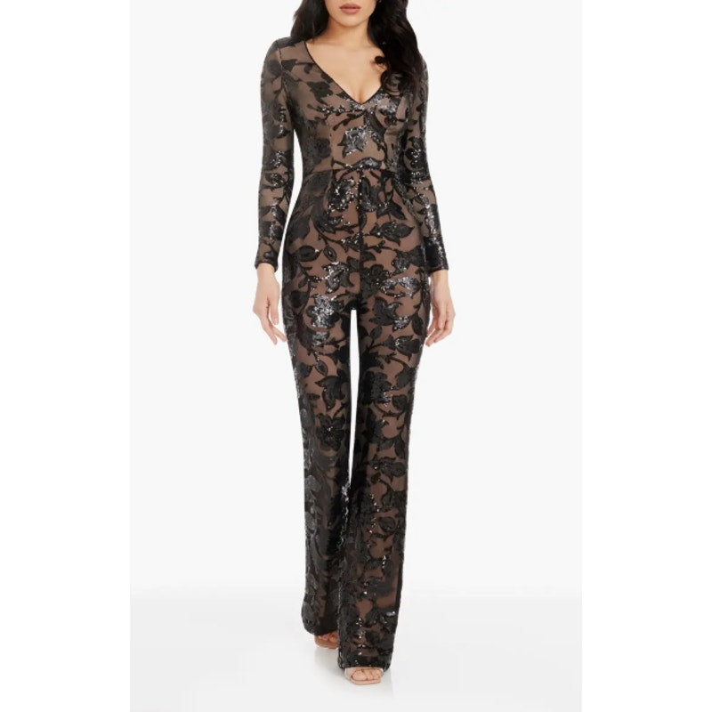 DRESS THE POPULATION Carson Sequin Leopard Jumpsuit XS Black Long Sleeve NWOT