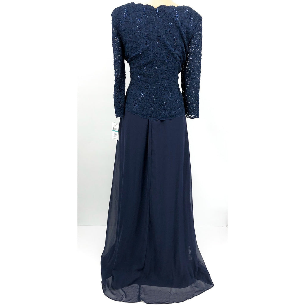 ALEX EVENINGS Sequin Lace Mock Dress Size 16 Navy Chiffon Skirt Sleeves NWT