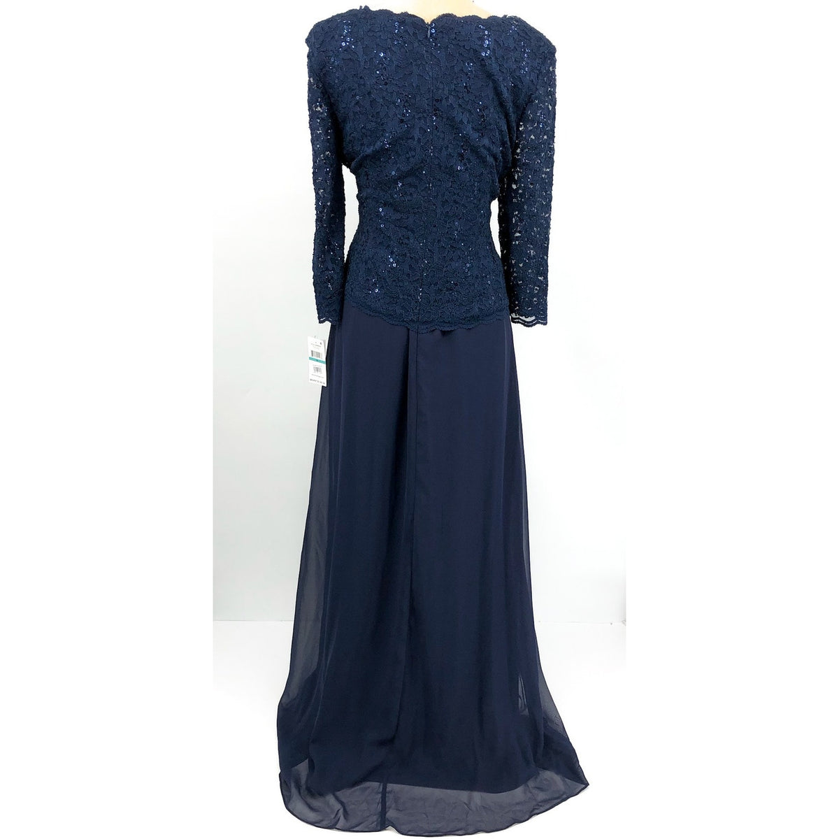 ALEX EVENINGS Sequin Lace Mock Dress Size 16 Navy Chiffon Skirt Sleeves NWT