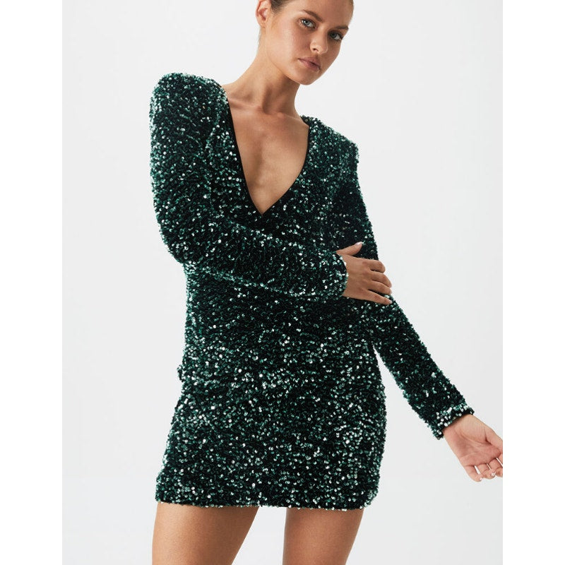 BARDOT Women's Lilia Sequin Mini Dress XS US 2 Vivid Green Long Sleeve NWT