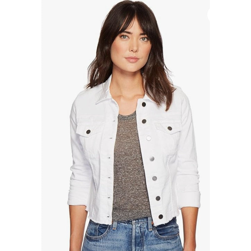 KUT FROM THE KLOTH Kara Frayed Denim Trucker Jacket Small Optic White NWOT