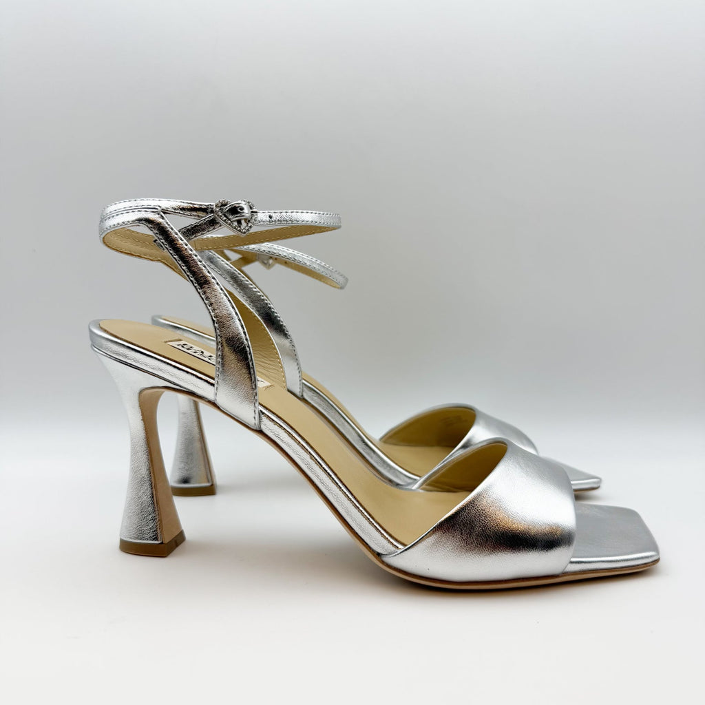 Badgley Mischka Women's Cady Sandals 9.5 Silver Leather Square Toe High Heel NIB