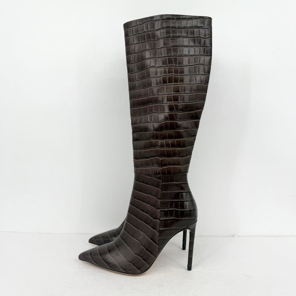 Tony Bianco Women Apollo Knee High Boot US 6.5 Brown Chocolate Croc Leather NWOB