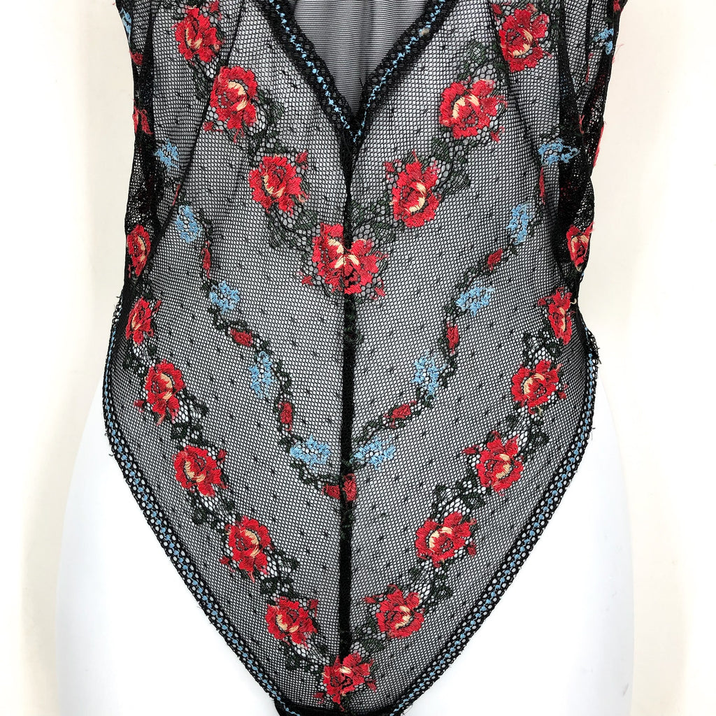 ONLY HEARTS Beatrix Chevron Bodysuit Small Black Embroidered Rose NWT