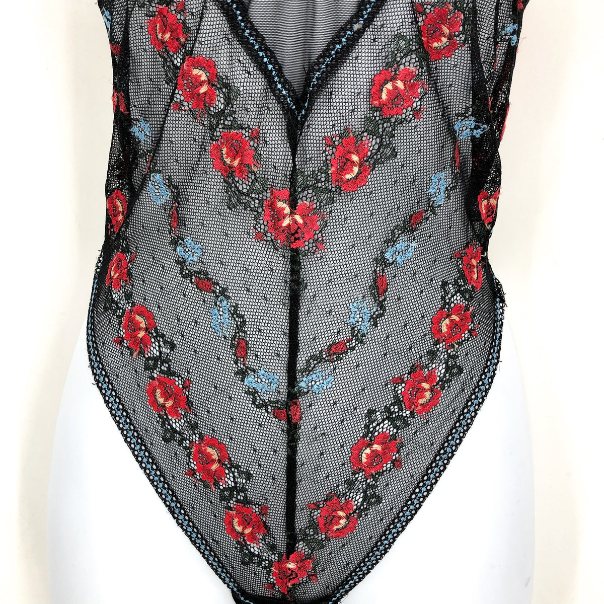 ONLY HEARTS Beatrix Chevron Bodysuit Small Black Embroidered Rose NWT