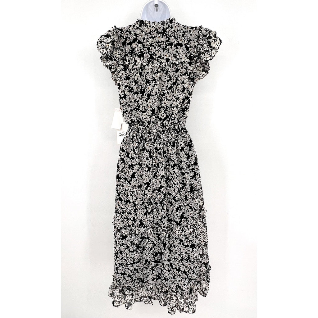CECE Women's Floral Print Midi Dress Small Black White Smocked Waist NWT