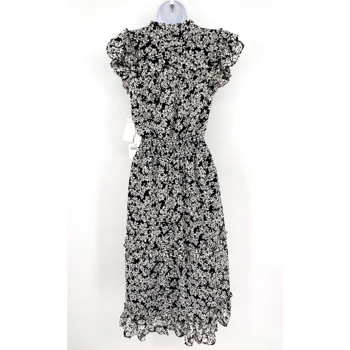 CECE Women's Floral Print Midi Dress Small Black White Smocked Waist NWT
