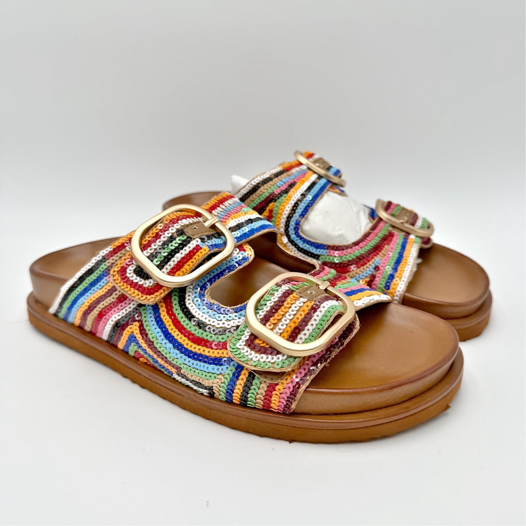 Steve Madden Womens Tourist Footbed Sandals Size 7.5 Multicolor Sequins NIB