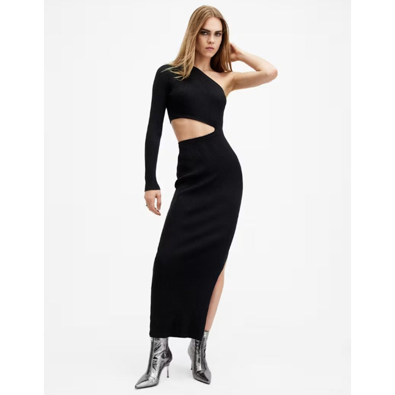 ALLSAINTS Daisy Cut Out Maxi Dress Small Black Asymmetric One Shoulder Knit NWT