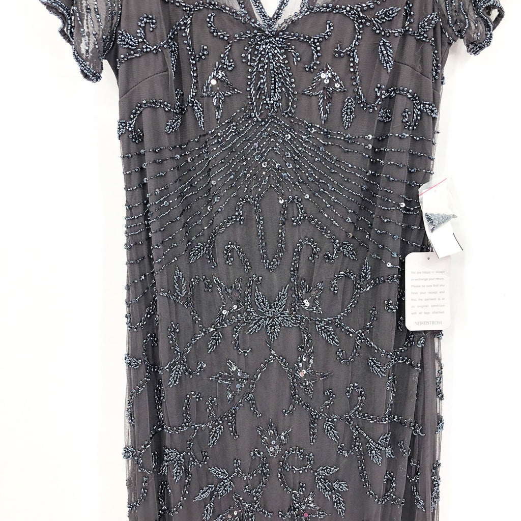 PISARRO NIGHTS Women's Beaded Mesh Column Gown Size 12 Gray Short Sleeve NWT