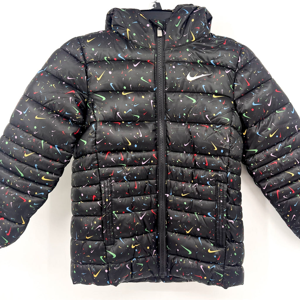 NIKE Girl's Just Do It Printed Puffer Jacket Size 6X Black Confetti NWOT