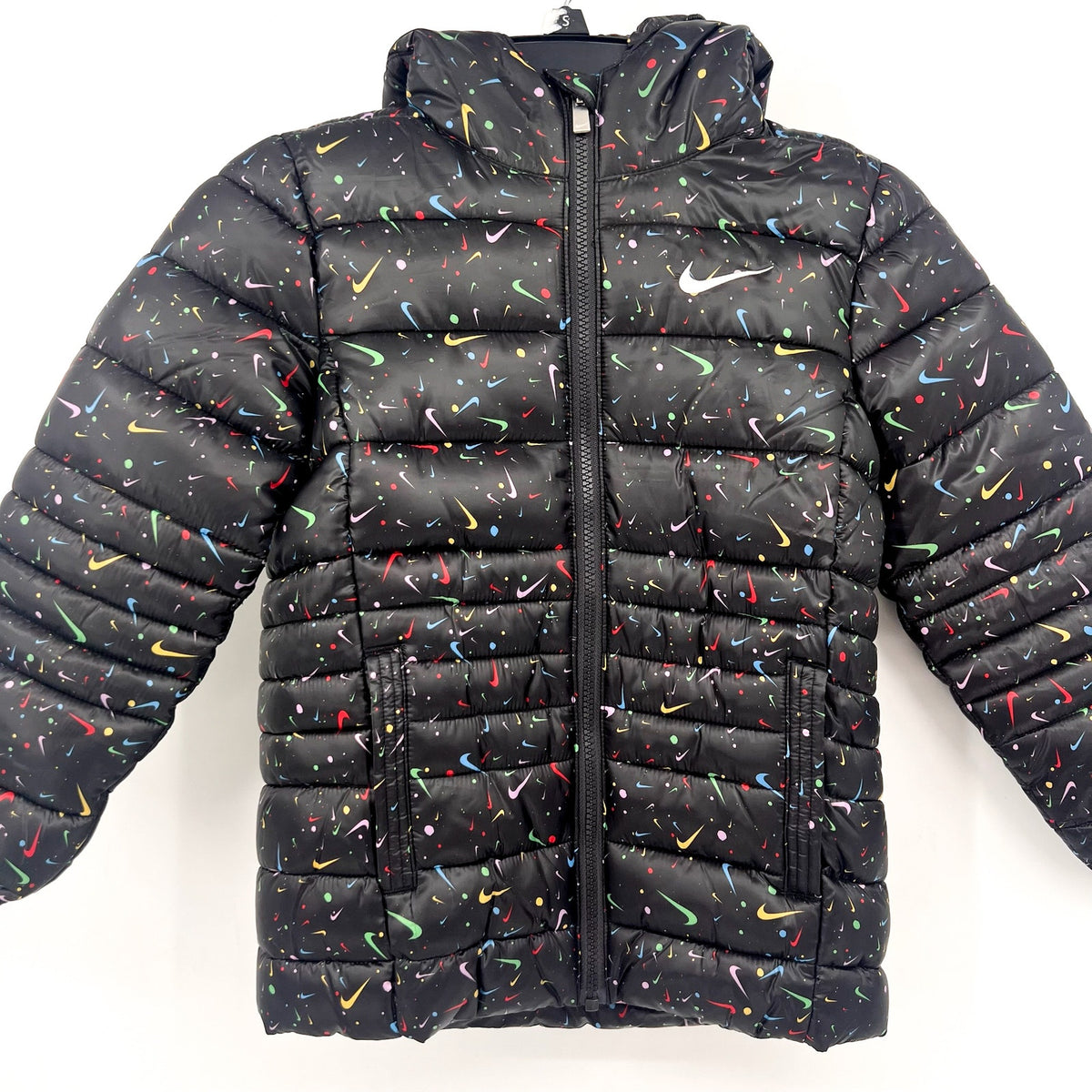 NIKE Girl's Just Do It Printed Puffer Jacket Size 6X Black Confetti NWOT