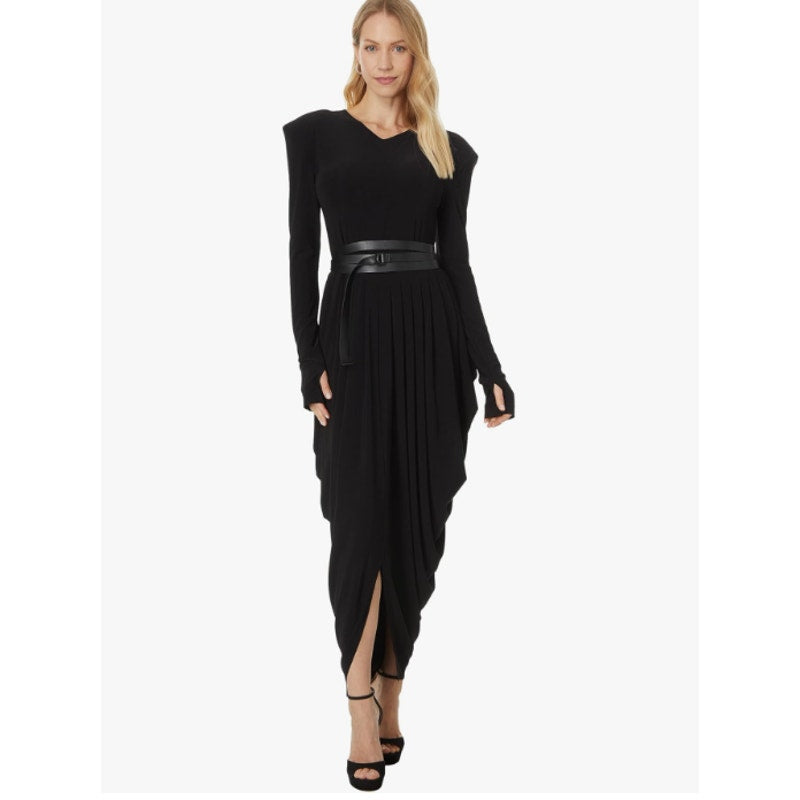 NORMA KAMALI Shoulder Pad Waterfall Dress XS/34 Black V Neck Stretch LS NWT