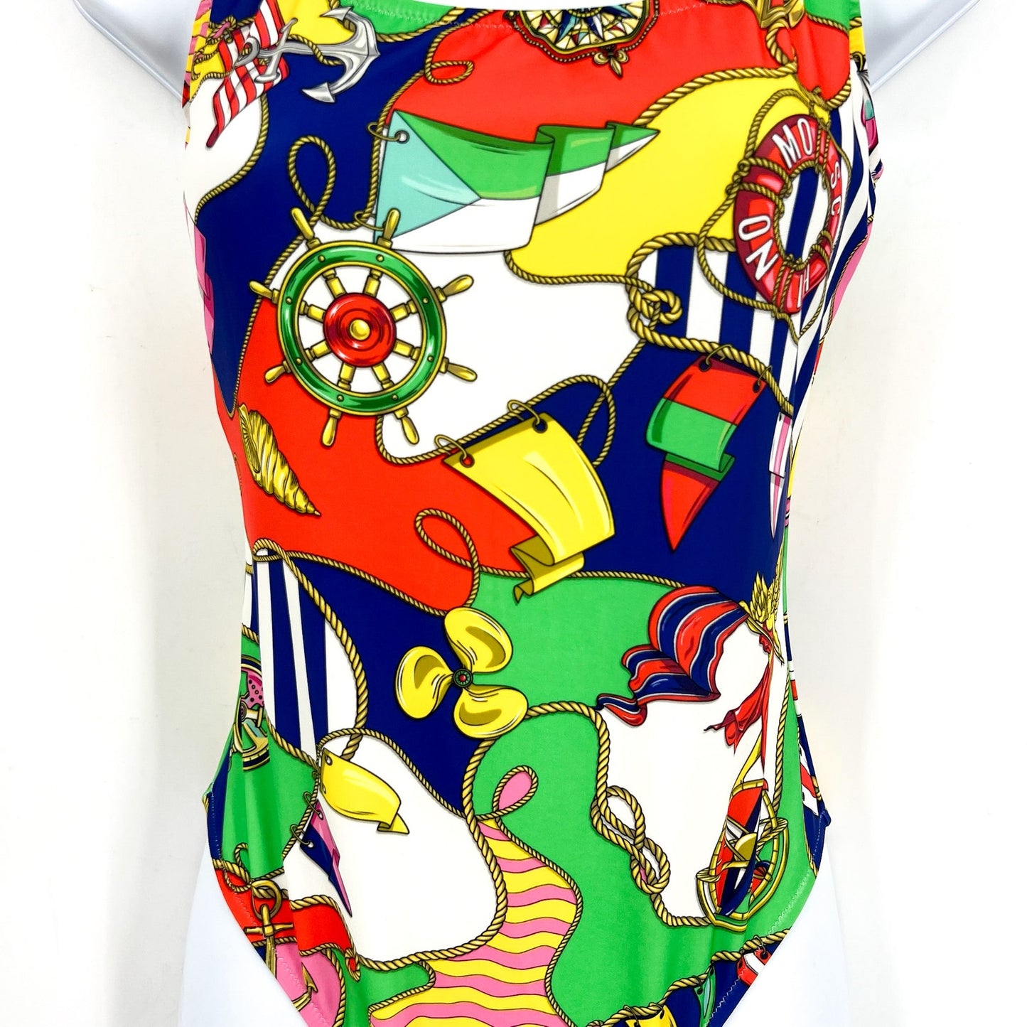 MOSCHINO Women's Allover Nautical Print One Piece Swimsuit Size 6 Red Blue NWOT
