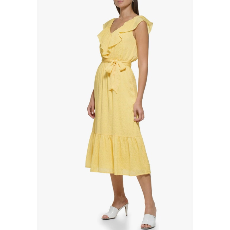 DKNY Womens Ruffle V-Neck Dress Size 16 Yellow Lemonade Tie Waist NWT