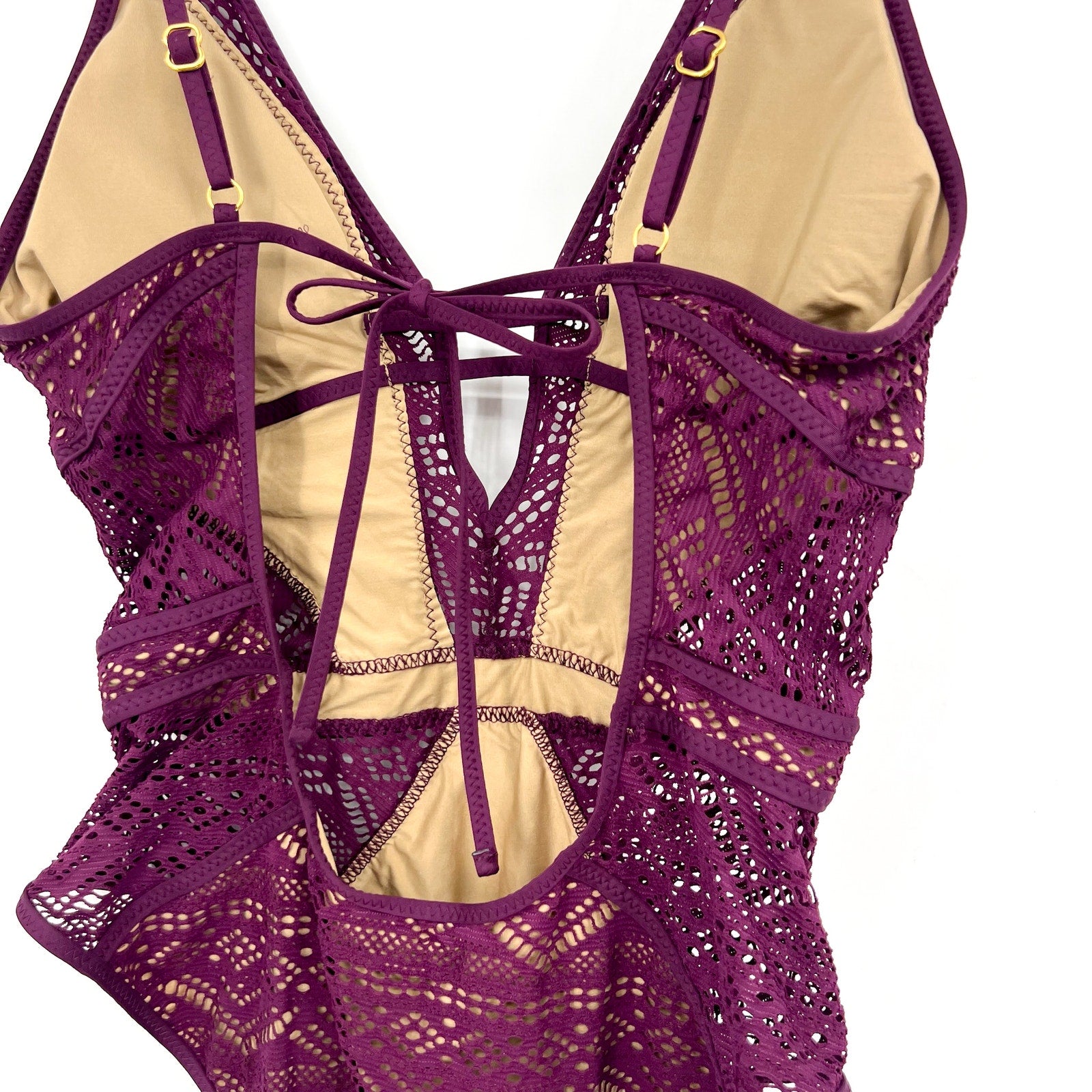 BECCA Women's Plunge One-Piece Swimsuit Large Purple Color Play Crochet NWT