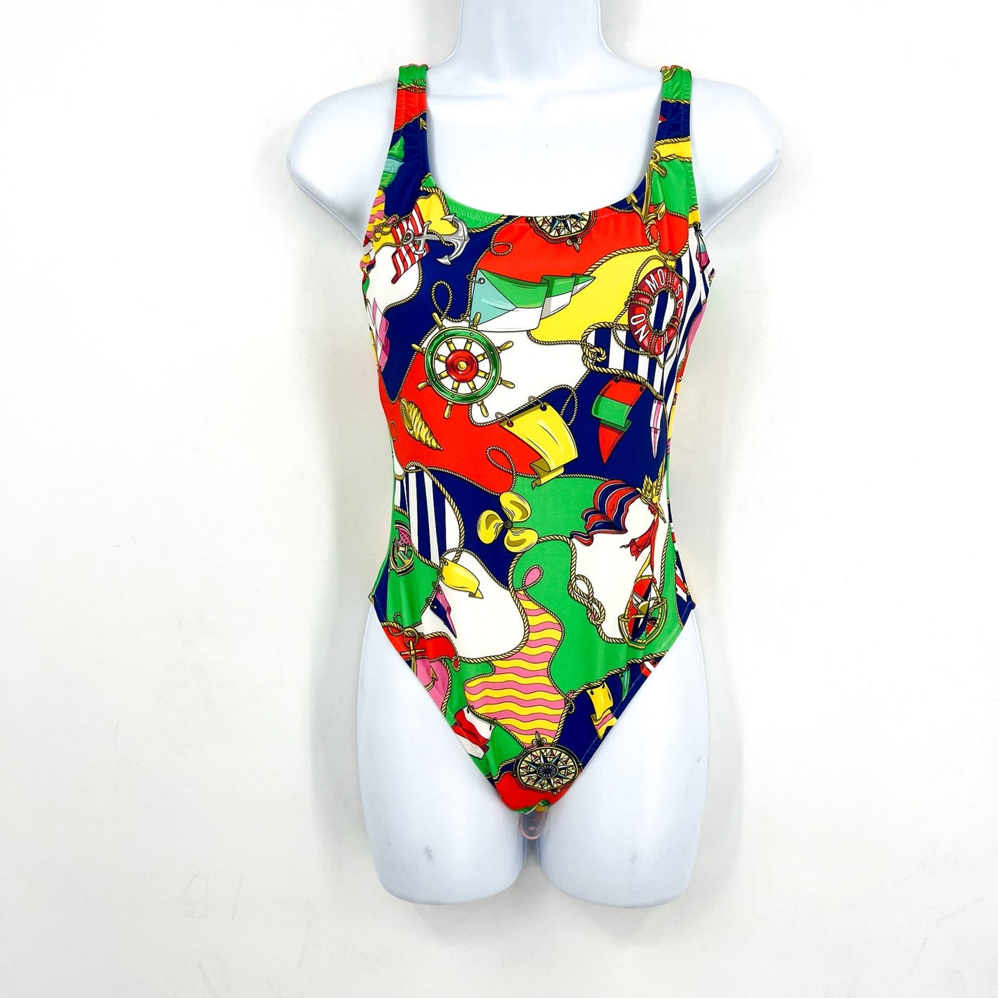 MOSCHINO Women's Allover Nautical Print One Piece Swimsuit Size 6 Red Blue NWOT