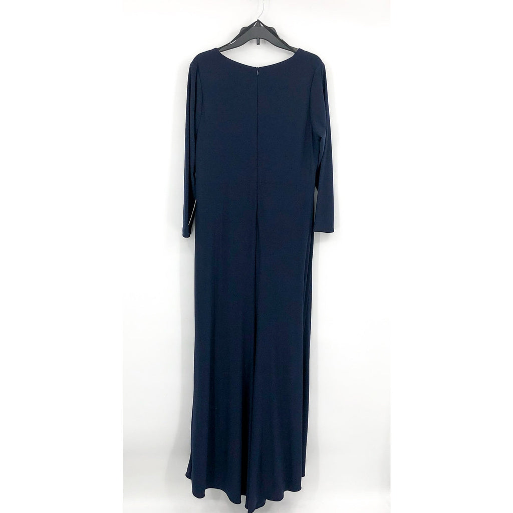 BETSY & ADAM Elle Long Sleeve Gown Size 16W Navy Blue Side Ruffled Slit NWT