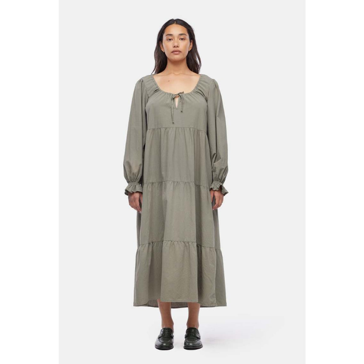 LACAUSA Women's Tate Tiered Midi Dress XS Eucalyptus Green