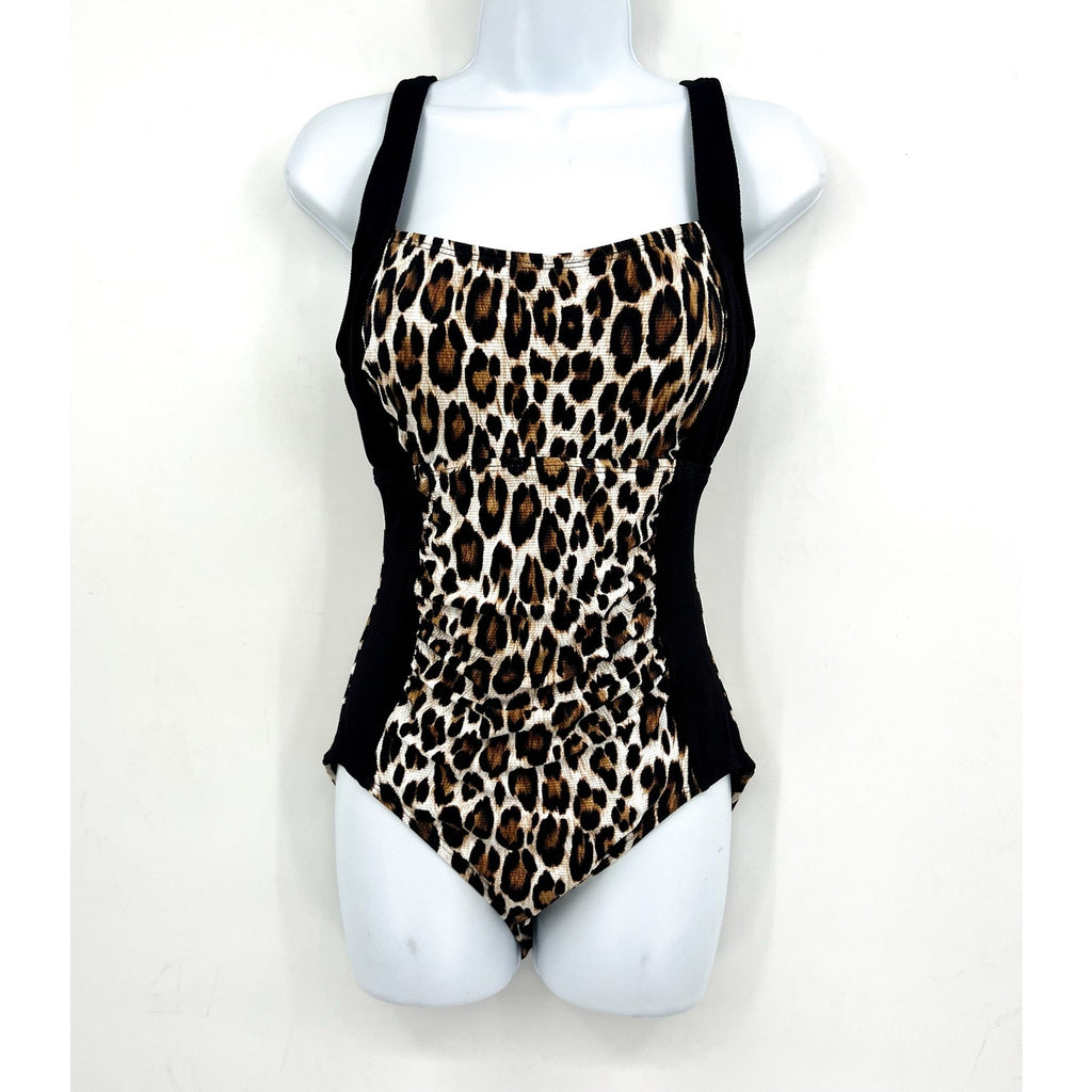 TOMMY BAHAMA Women's Island Cays Leopard One-Piece Swimsuit Size 8 Black Tan NWT